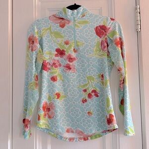 Ladies IBKUL Golf Tennis Ashley Blue Floral 1/4 Zip Pullover Shirt - Size XS